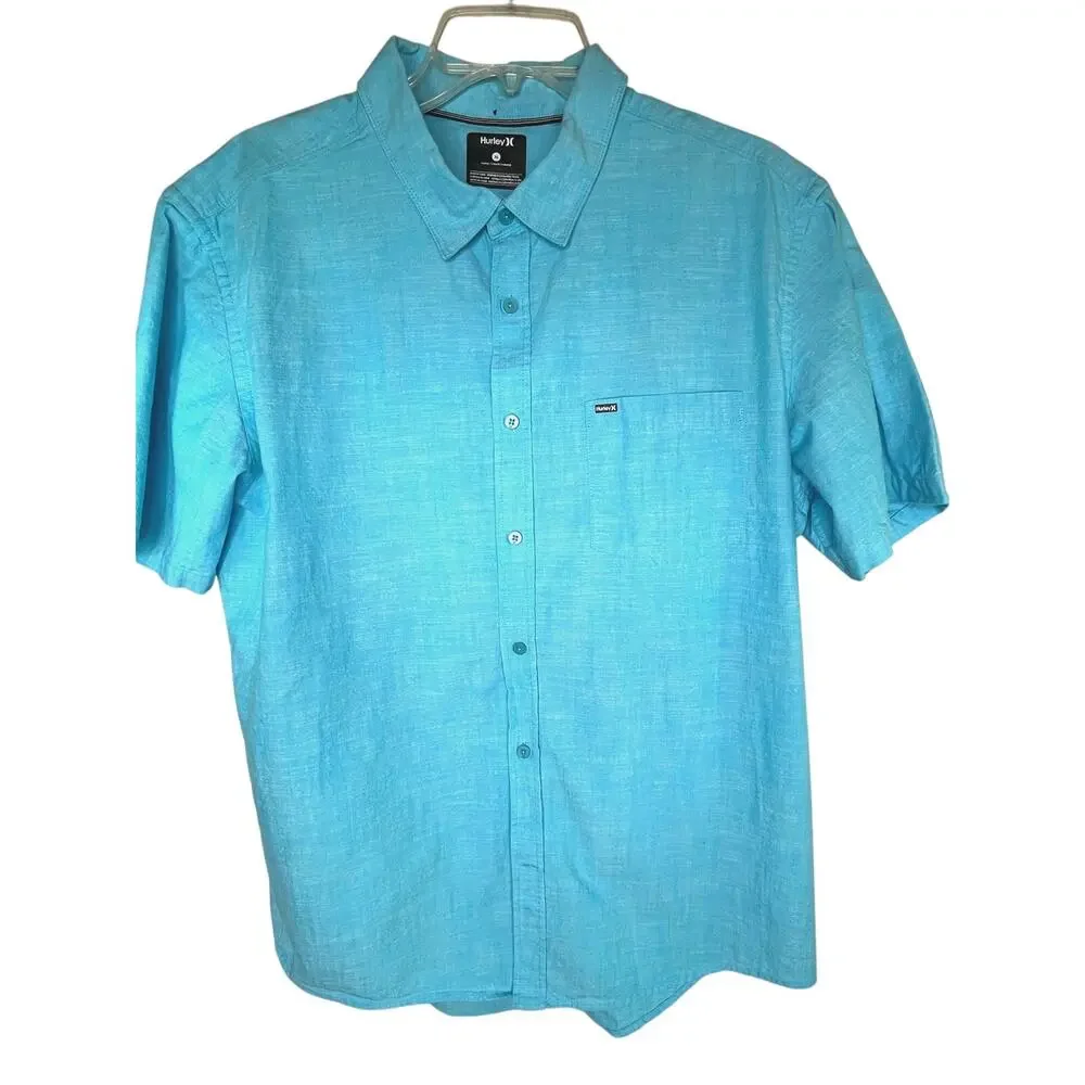 Hurley men's short sleeve button up 100% cotton shirt, blue, size XL, EUC